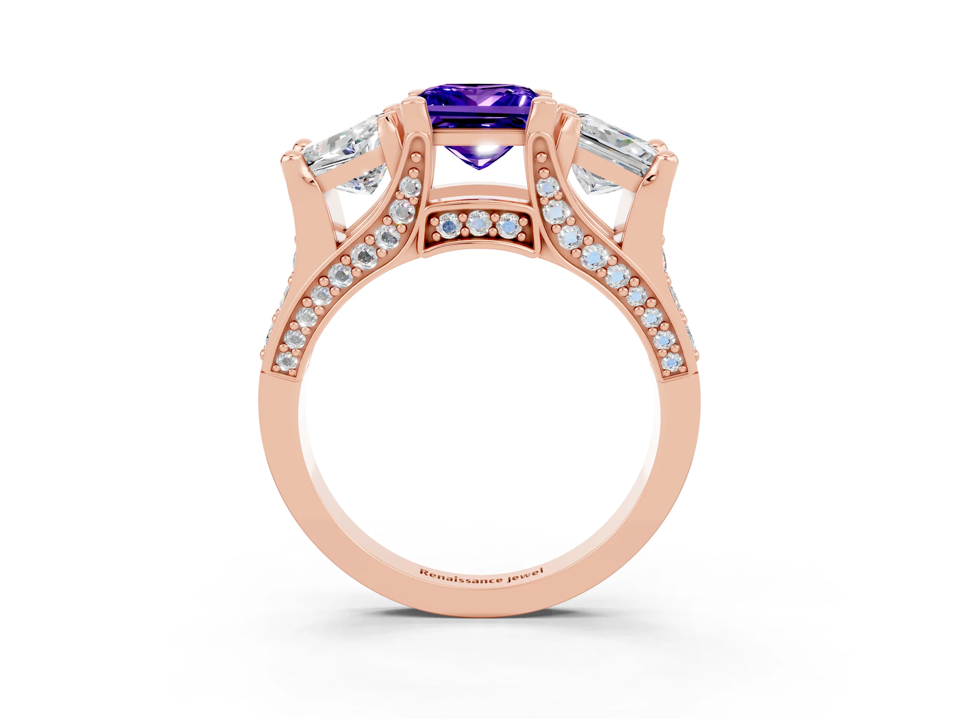 Rose gold Princess Cut Tanzanite Three-Stone Ring with Channel Set Band and Four-Prong Setting_3