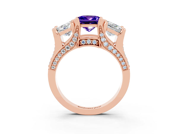 Rose gold Princess Cut Tanzanite Three-Stone Ring with Channel Set Band and Four-Prong Setting