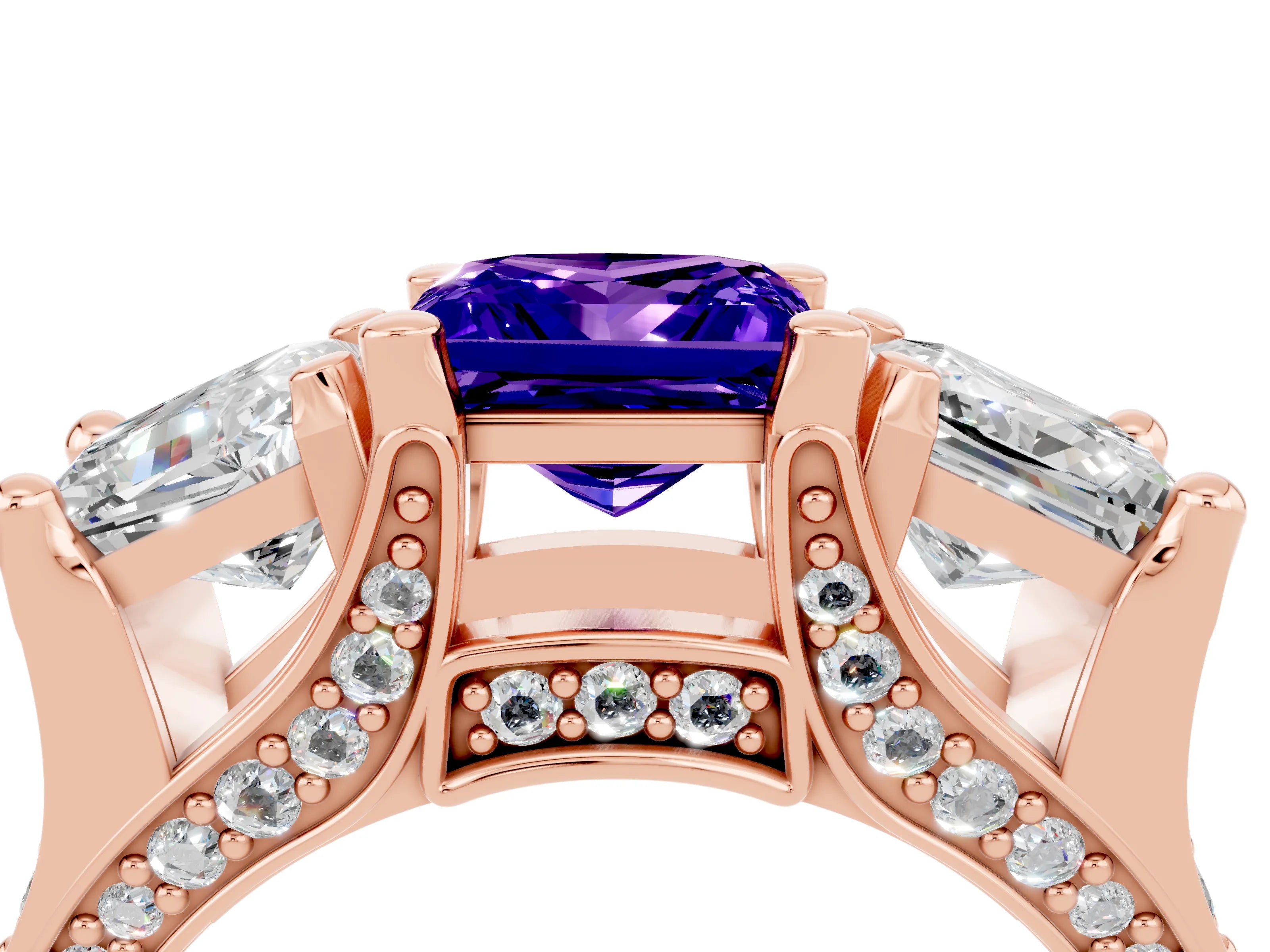 Rose gold Princess Cut Tanzanite Three-Stone Ring with Channel Set Band and Four-Prong Setting_4