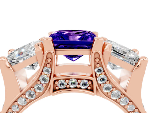 Rose gold Princess Cut Tanzanite Three-Stone Ring with Channel Set Band and Four-Prong Setting_4