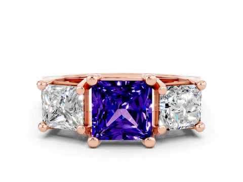 Rose gold Princess Cut Tanzanite Three-Stone Ring with Channel Set Band and Four-Prong Setting