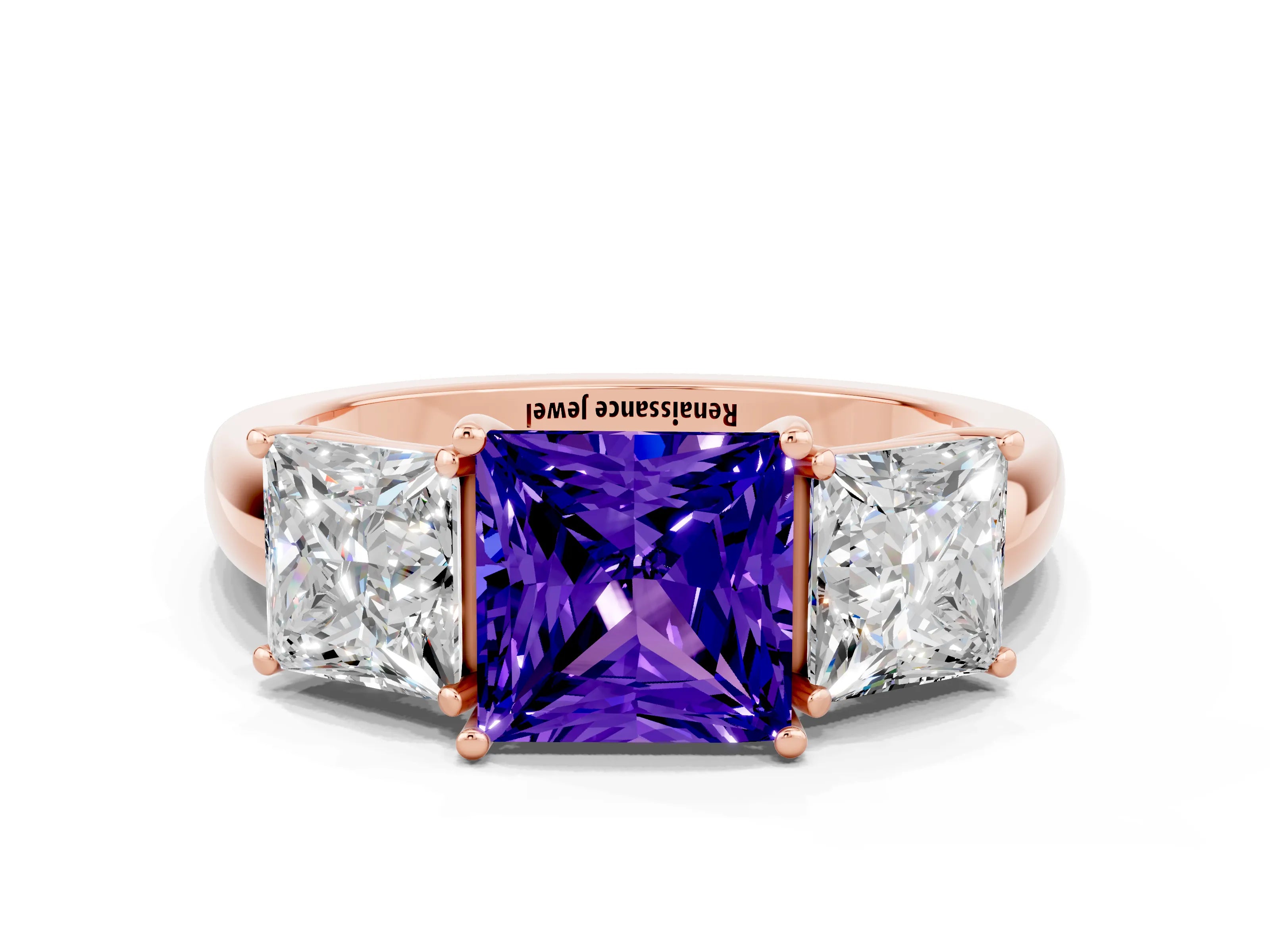Rose gold Princess Cut Tanzanite Three-Stone Ring with Four-Prong Setting and Classic Band