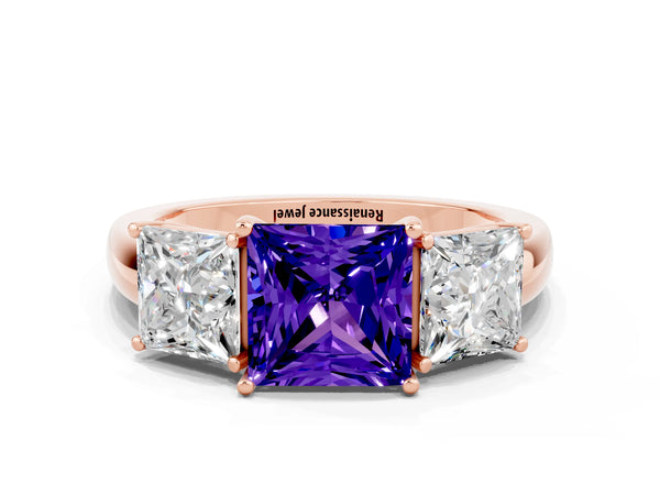 Rose gold Princess Cut Tanzanite Three-Stone Ring with Four-Prong Setting and Classic Band