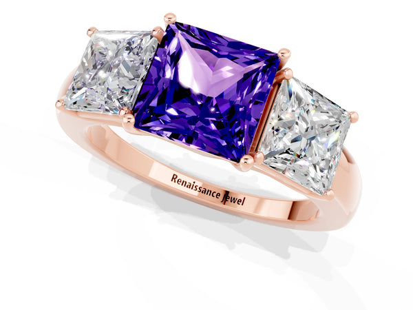 Rose gold Princess Cut Tanzanite Three-Stone Ring with Four-Prong Setting and Classic Band