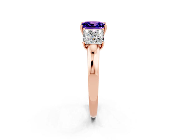 Rose gold Princess Cut Tanzanite Three-Stone Ring with Four-Prong Setting and Classic Band