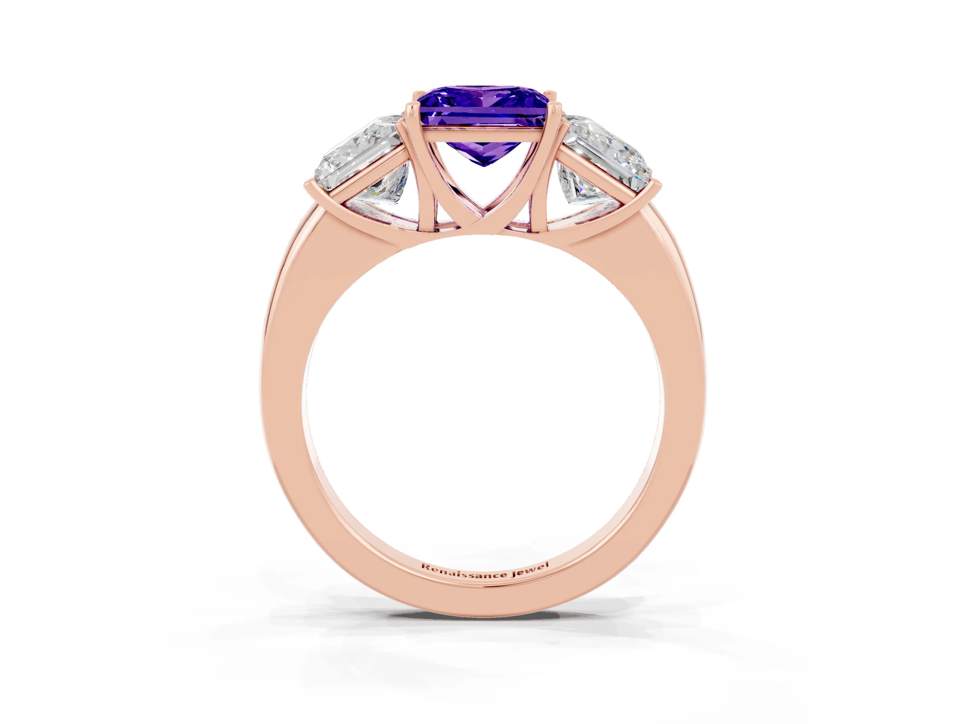 Rose gold Princess Cut Tanzanite Three-Stone Ring with Four-Prong Setting and Classic Band_3