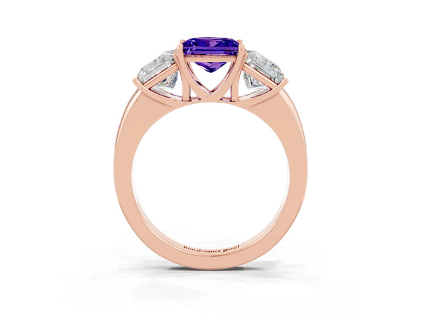 Rose gold Princess Cut Tanzanite Three-Stone Ring with Four-Prong Setting and Classic Band
