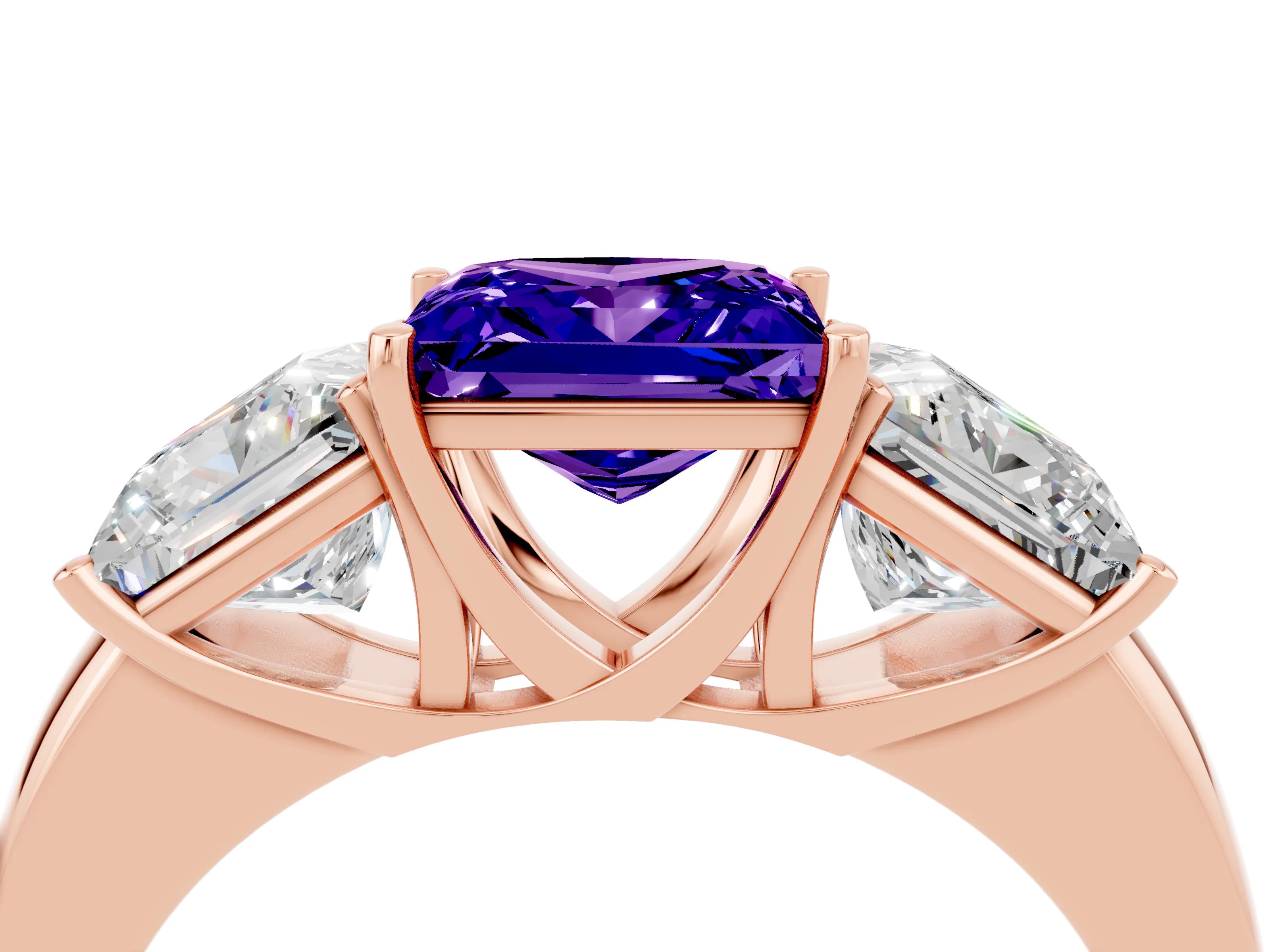 Rose gold Princess Cut Tanzanite Three-Stone Ring with Four-Prong Setting and Classic Band_4