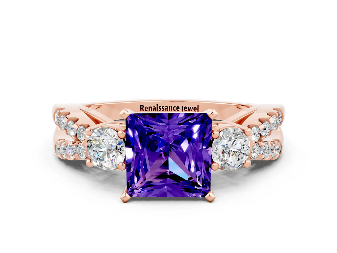 Rose gold Princess Cut Tanzanite Three-Stone Ring with Pavé Split Shank and Four-Prong Setting