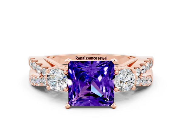 Rose gold Princess Cut Tanzanite Three-Stone Ring with Pavé Split Shank and Four-Prong Setting