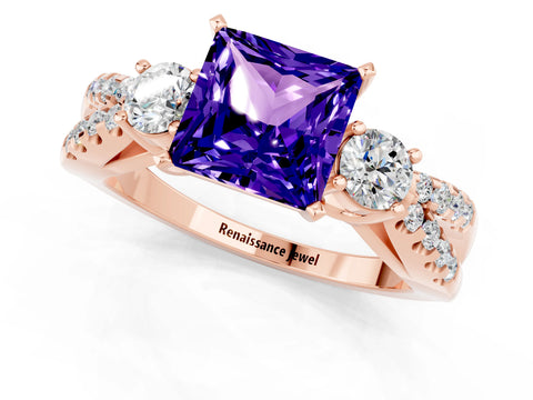 Rose gold Princess Cut Tanzanite Three-Stone Ring with Pavé Split Shank and Four-Prong Setting_1