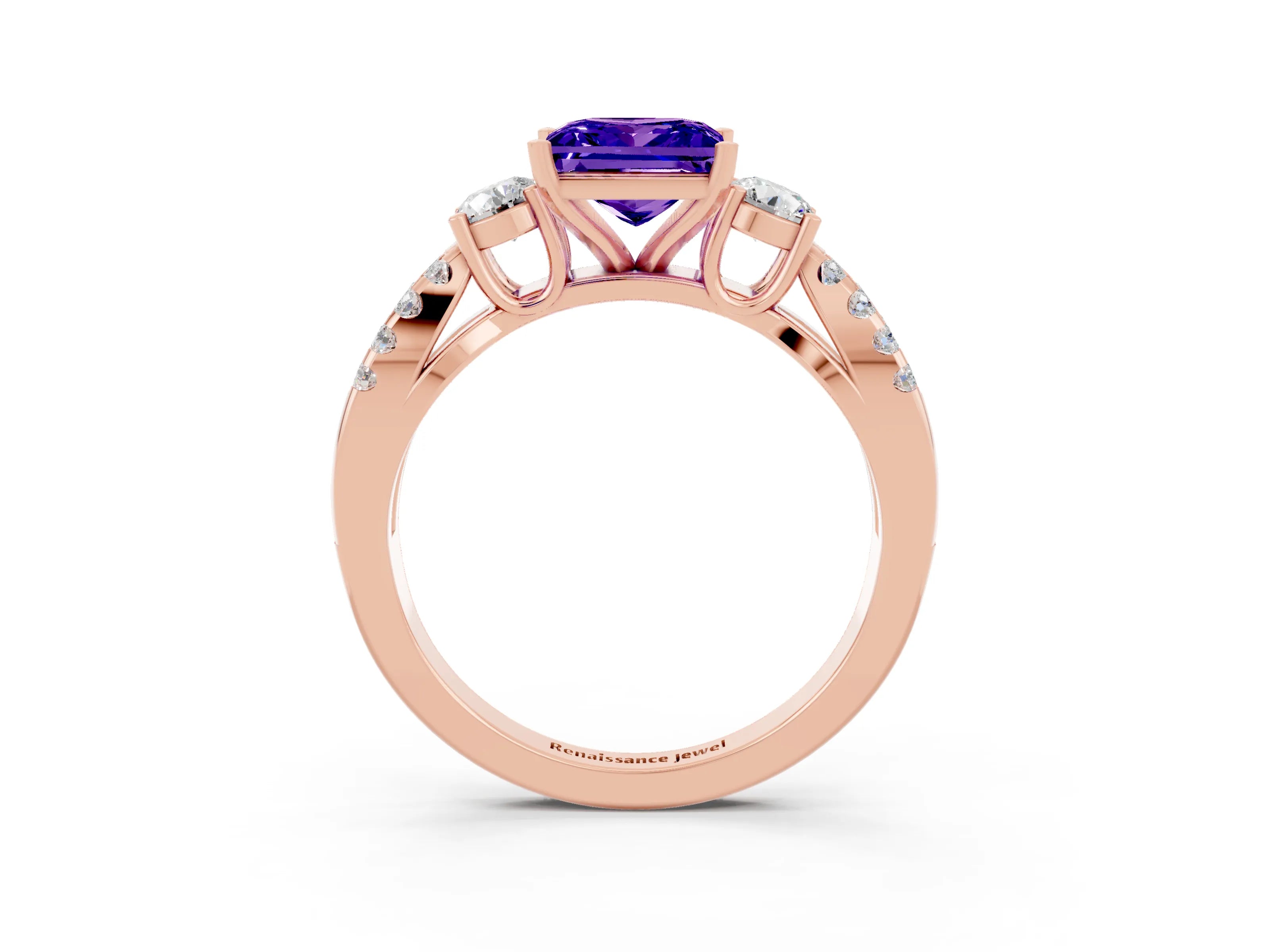 Rose gold Princess Cut Tanzanite Three-Stone Ring with Pavé Split Shank and Four-Prong Setting_3
