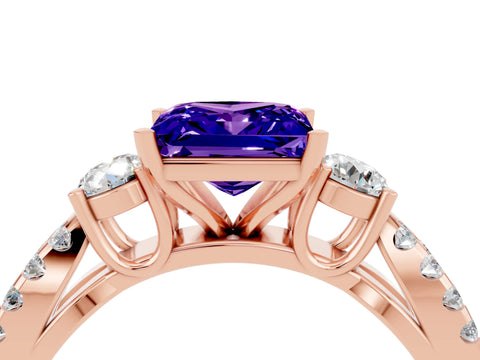 Rose gold Princess Cut Tanzanite Three-Stone Ring with Pavé Split Shank and Four-Prong Setting_4