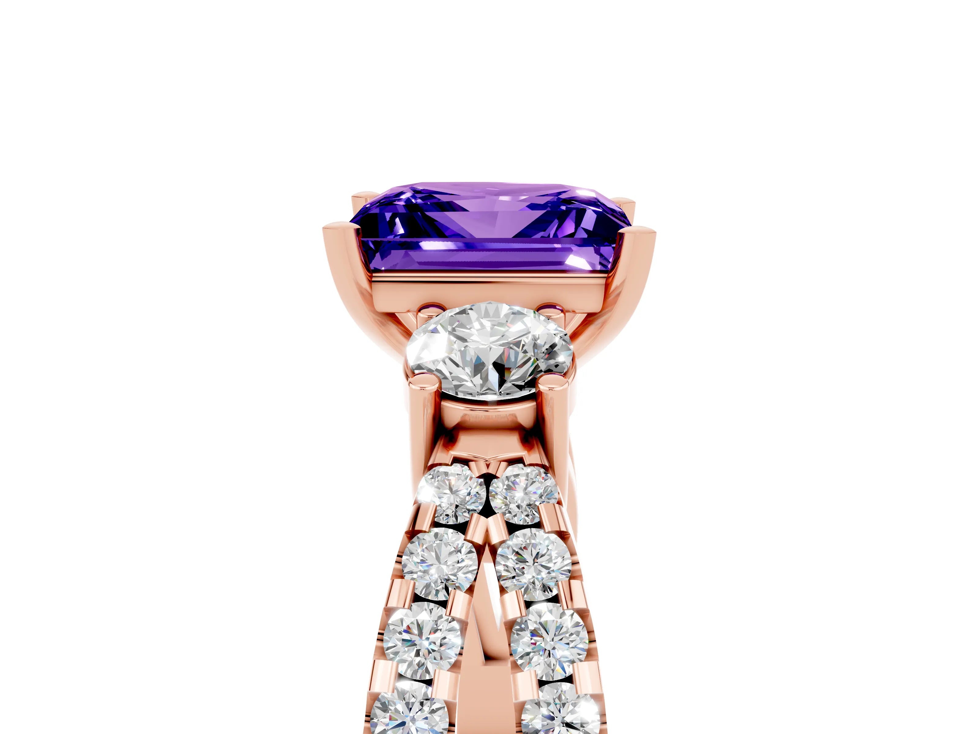 Rose gold Princess Cut Tanzanite Three-Stone Ring with Pavé Split Shank and Four-Prong Setting_5