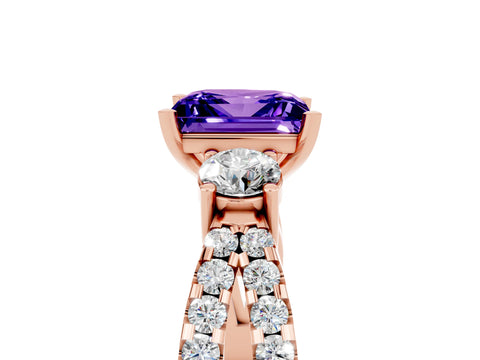 Rose gold Princess Cut Tanzanite Three-Stone Ring with Pavé Split Shank and Four-Prong Setting_5