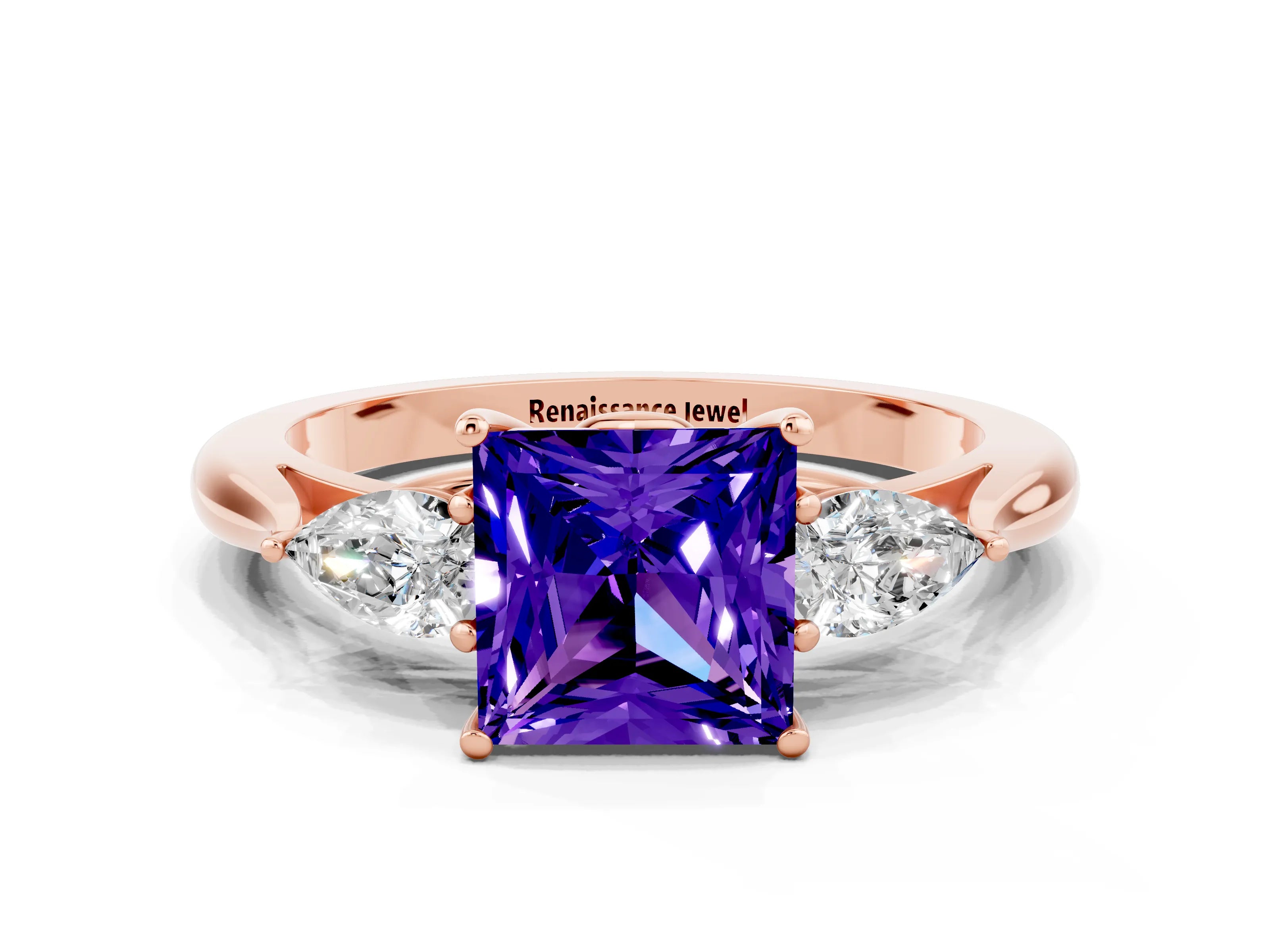 Rose gold Princess Cut Tanzanite Three-Stone Ring with Pear Side Stones and Four-Prong Setting_12