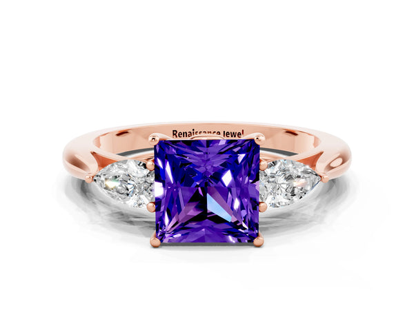 Rose gold Princess Cut Tanzanite Three-Stone Ring with Pear  Side Stones and Prong Setting