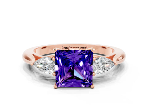 Rose gold Princess Cut Tanzanite Three-Stone Ring with Pear Side Stones and Four-Prong Setting_12