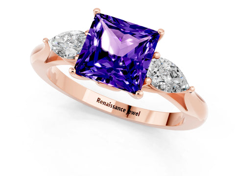 Rose gold Princess Cut Tanzanite Three-Stone Ring with Pear Side Stones and Four-Prong Setting_13