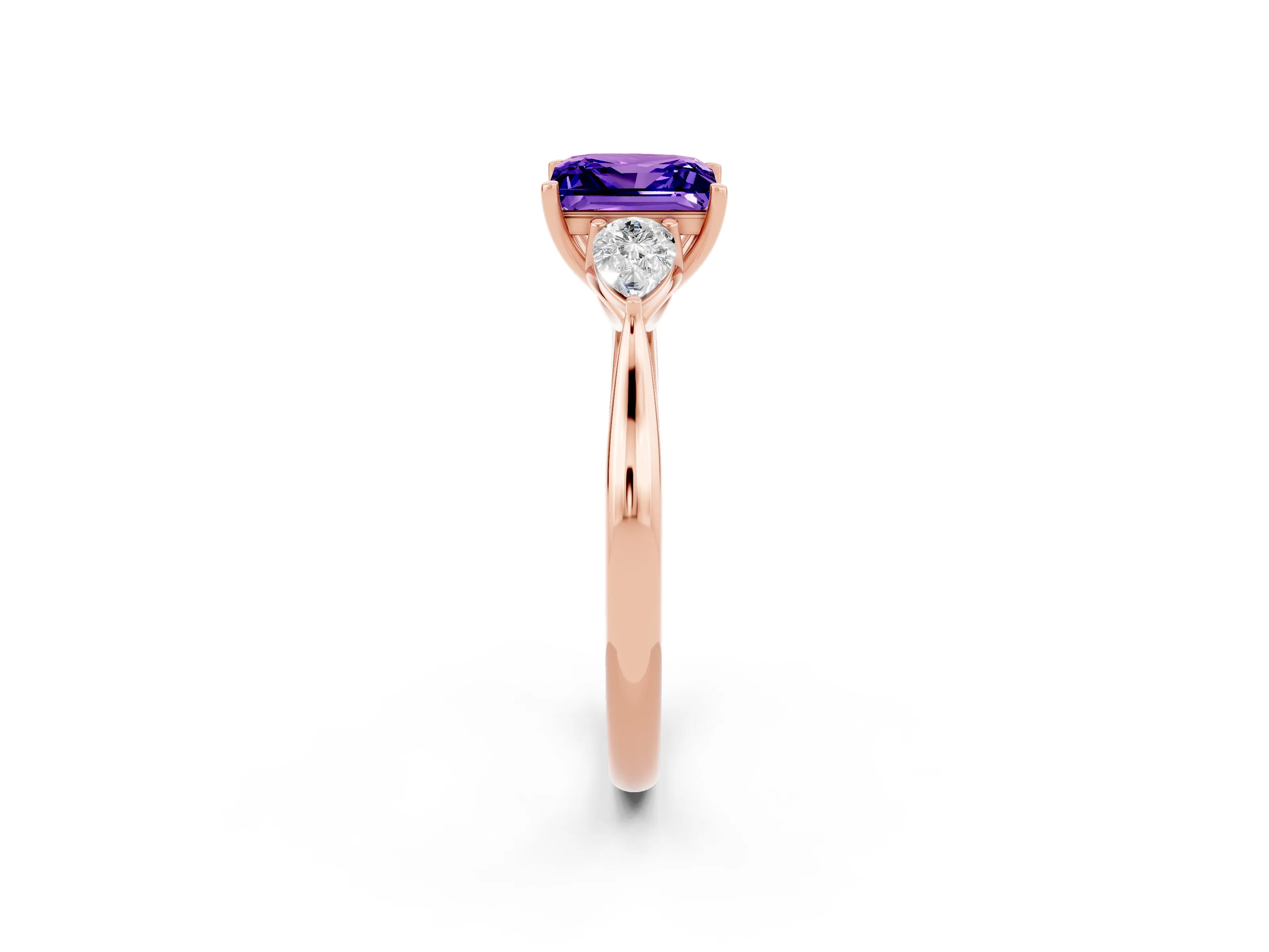 Rose gold Princess Cut Tanzanite Three-Stone Ring with Pear Side Stones and Four-Prong Setting_14