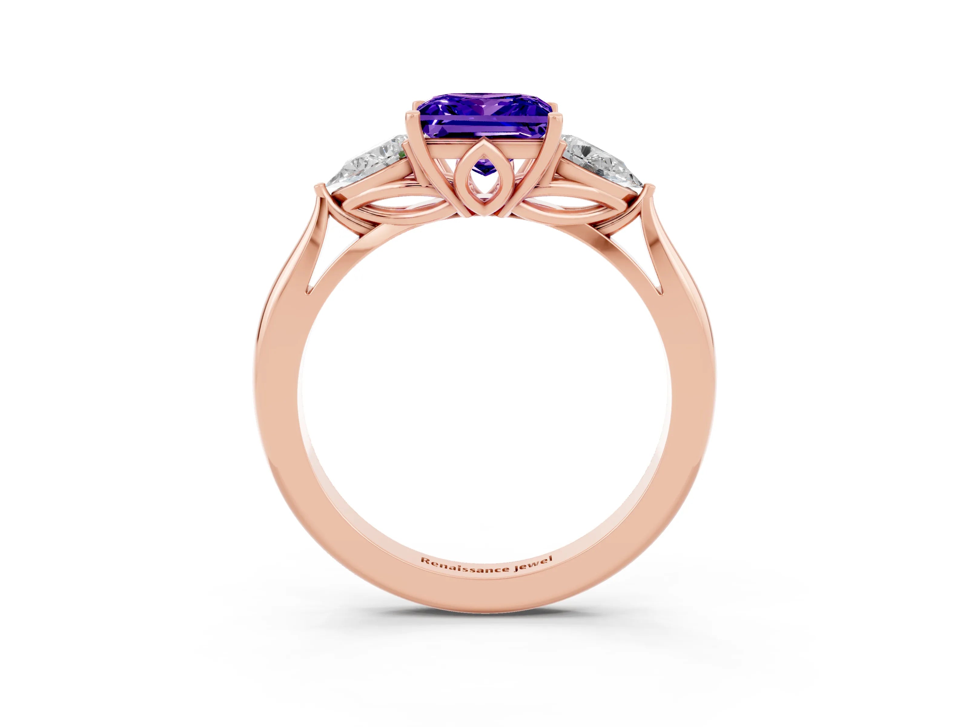 Rose gold Princess Cut Tanzanite Three-Stone Ring with Pear Side Stones and Four-Prong Setting_15