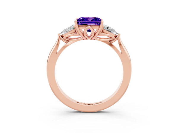 Rose gold Princess Cut Tanzanite Three-Stone Ring with Pear  Side Stones and Prong Setting