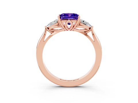 Rose gold Princess Cut Tanzanite Three-Stone Ring with Pear Side Stones and Four-Prong Setting_15