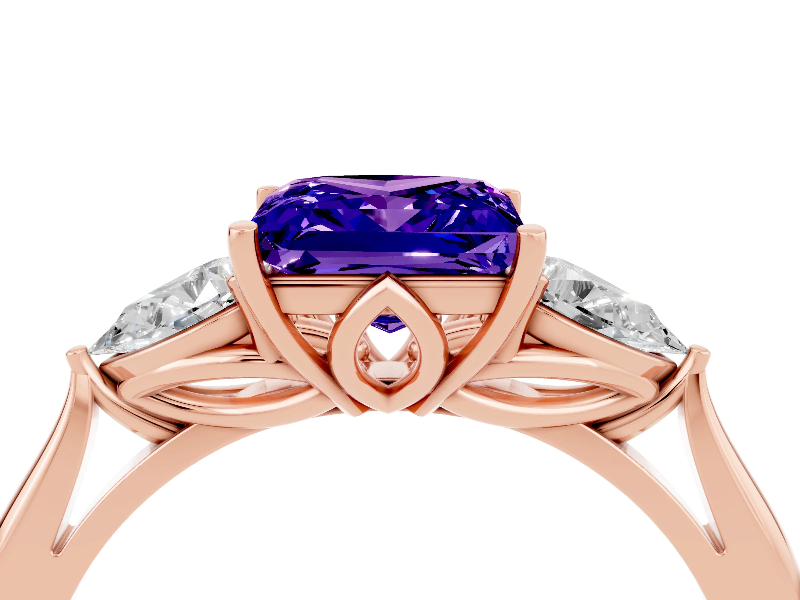 Rose gold Princess Cut Tanzanite Three-Stone Ring with Pear Side Stones and Four-Prong Setting_16
