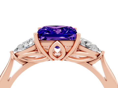 Rose gold Princess Cut Tanzanite Three-Stone Ring with Pear Side Stones and Four-Prong Setting_16