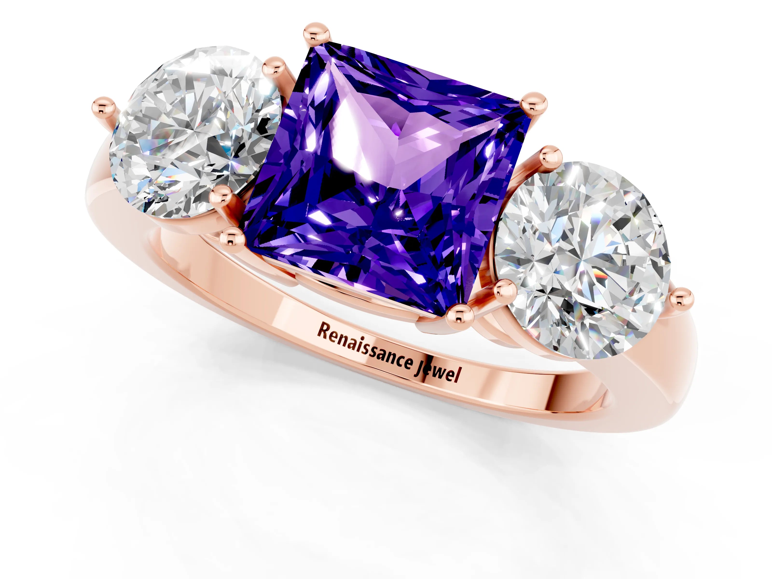 Rose gold Princess Cut Tanzanite Three-Stone Ring with Prong Setting and Classic Band_1