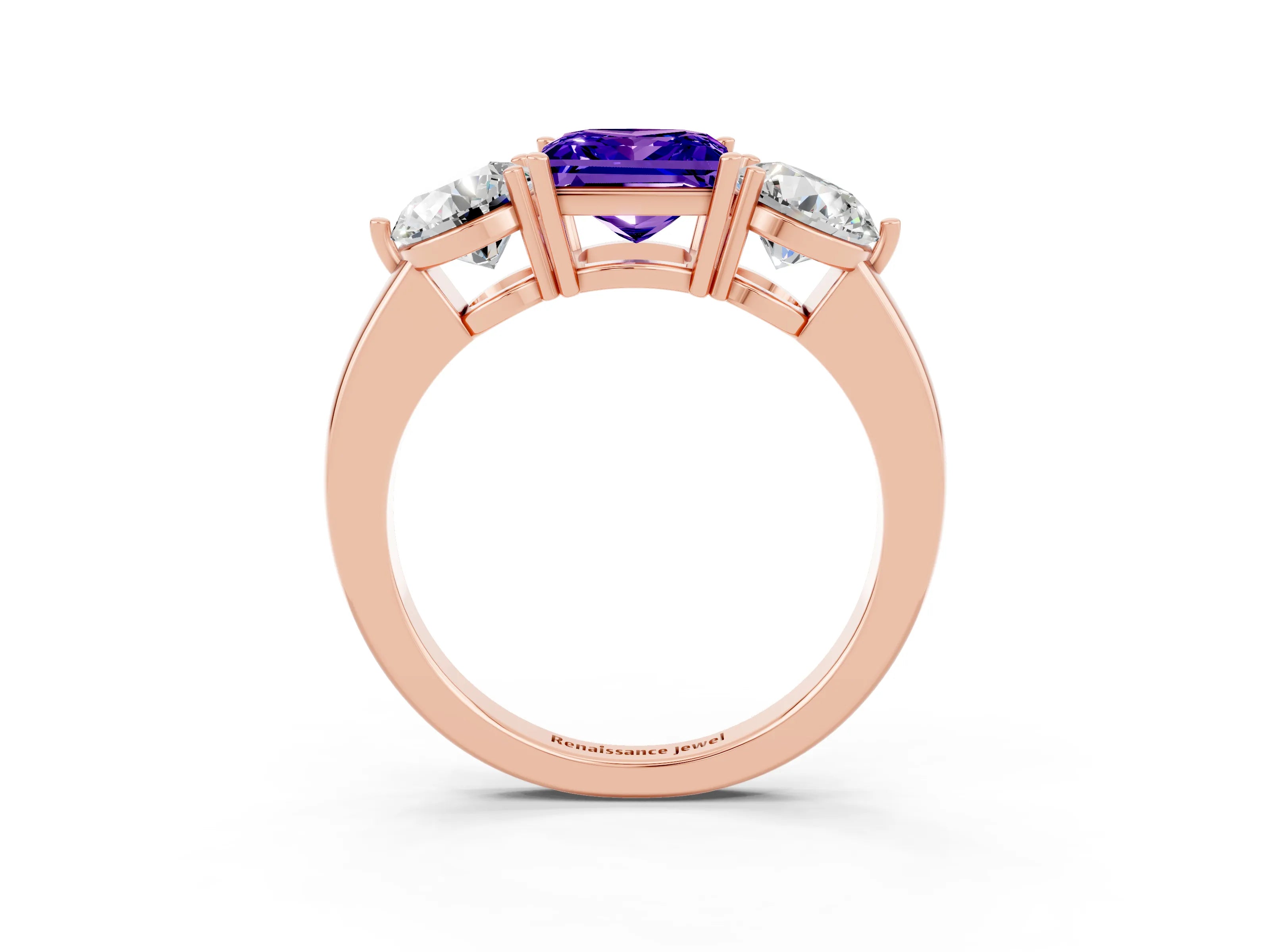 Rose gold Princess Cut Tanzanite Three-Stone Ring with Prong Setting and Classic Band_3