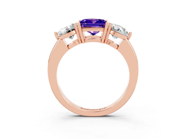 Rose gold Princess Cut Tanzanite Three-Stone Ring with Prong Setting and Classic Band