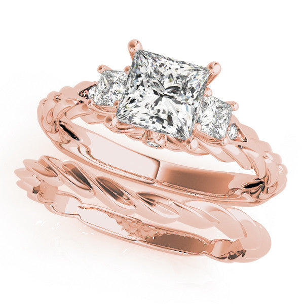 10K Rose Gold 1.02 Carat D VS1 Princess Cut Three-Stone Braided Band Ring with Four-Prong Setting