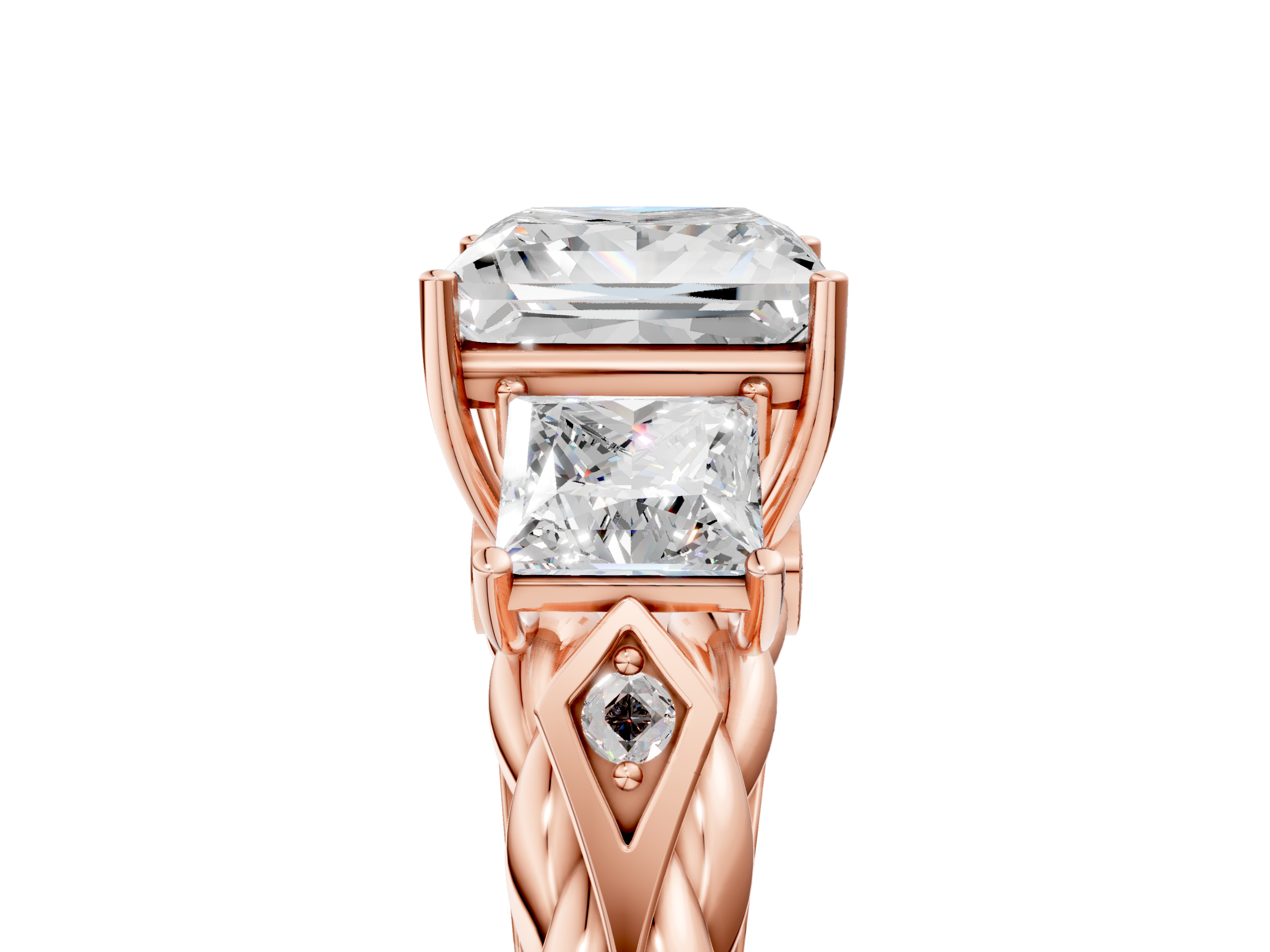 Rose gold Princess Cut Three-Stone Braided Band Ring with Four-Prong Setting_29