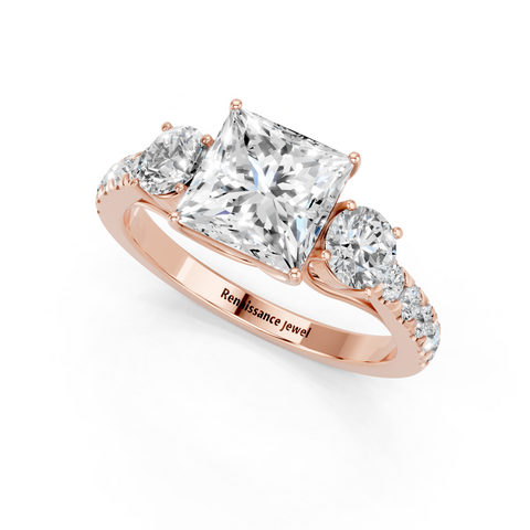 Rose gold Princess Cut Three-Stone Diamond Pave Band with Prong Setting_47