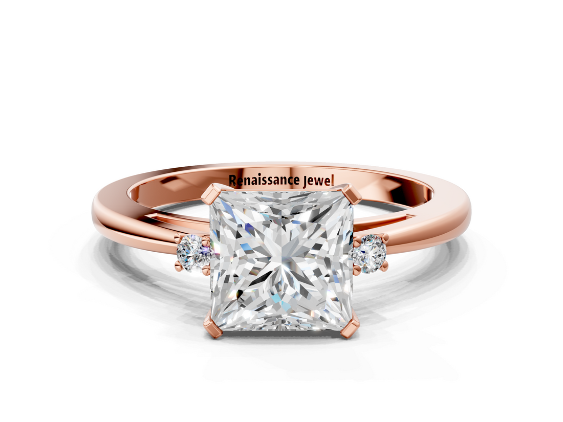 Rose gold Princess Cut Three-Stone Solitaire Ring with Round Accent Diamonds and Four-Prong Setting_31