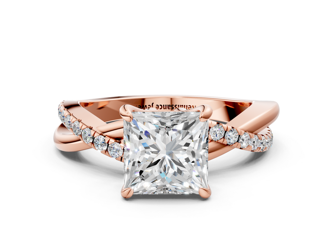 Rose gold Princess Cut Twist Band Solitaire Diamond Ring with Pavé Setting_15