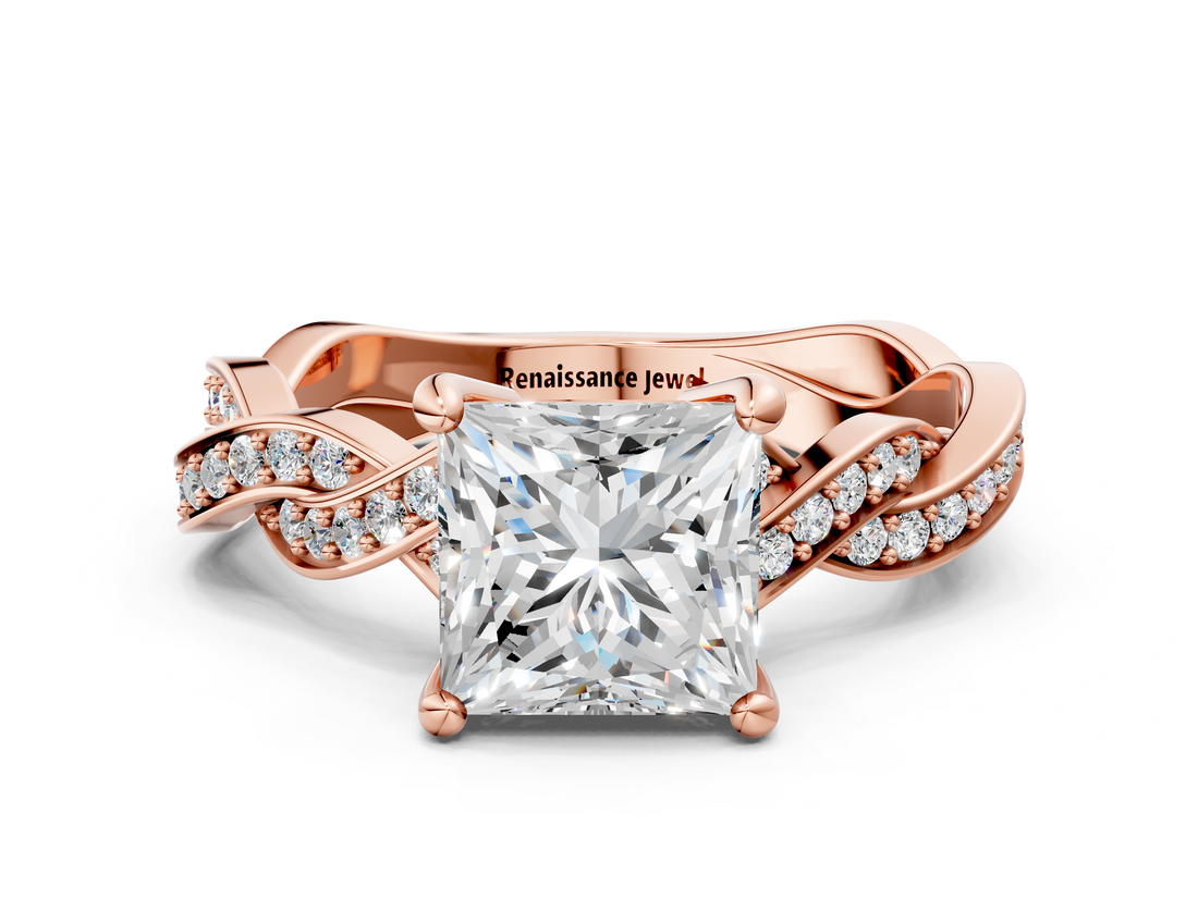 Rose gold Princess Cut Twisted Pavé Band Solitaire Ring with Four-Prong Setting_94