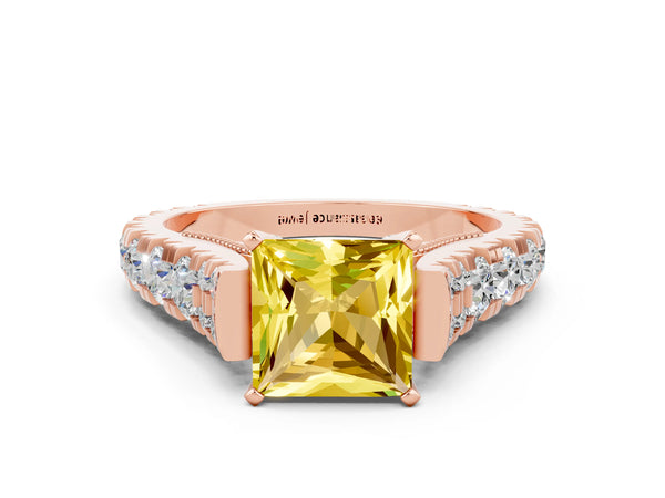 Rose gold Princess Cut Yellow Sapphire Classic Solitaire Ring with Pavé Band and Four-Prong Setting