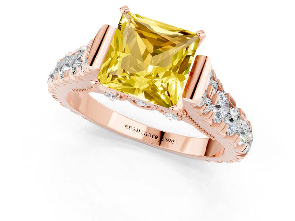 Rose gold Princess Cut Yellow Sapphire Classic Solitaire Ring with Pavé Band and Four-Prong Setting