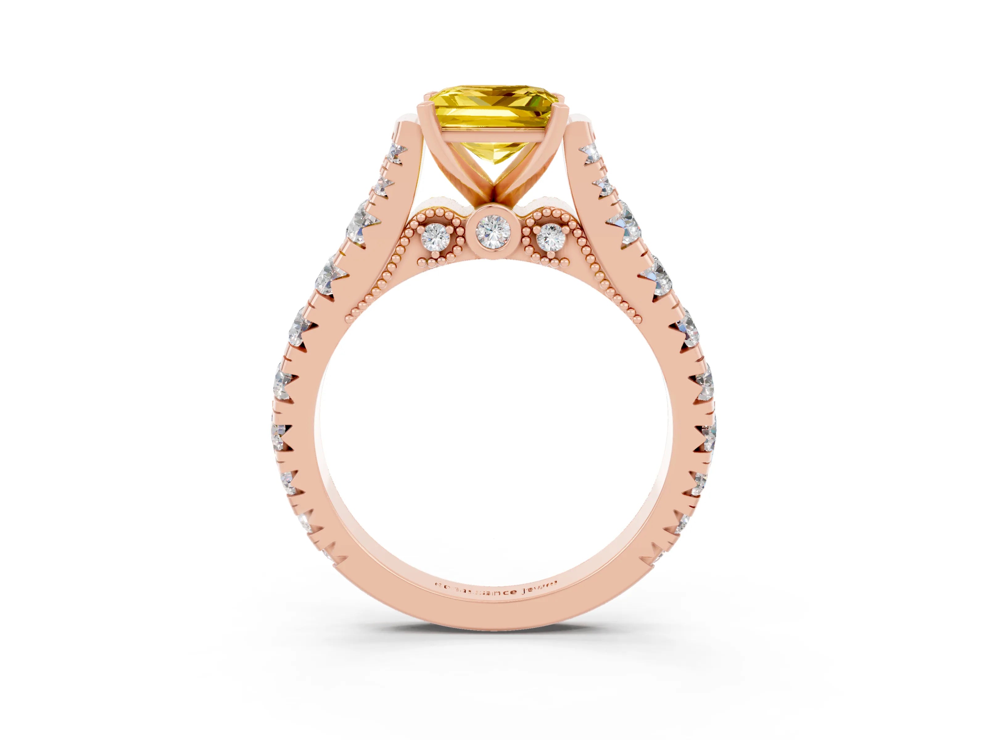 Rose gold Princess Cut Yellow Sapphire Classic Solitaire Ring with Pavé Band and Four-Prong Setting_15