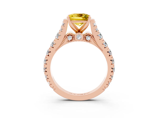 Rose gold Princess Cut Yellow Sapphire Classic Solitaire Ring with Pavé Band and Four-Prong Setting
