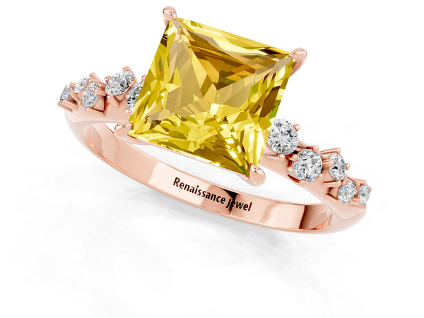 Rose gold Princess Cut Yellow Sapphire Cluster Side Stone Solitaire Ring with Prong Setting