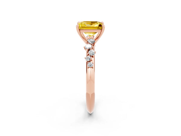 Rose gold Princess Cut Yellow Sapphire Cluster Side Stone Solitaire Ring with Prong Setting