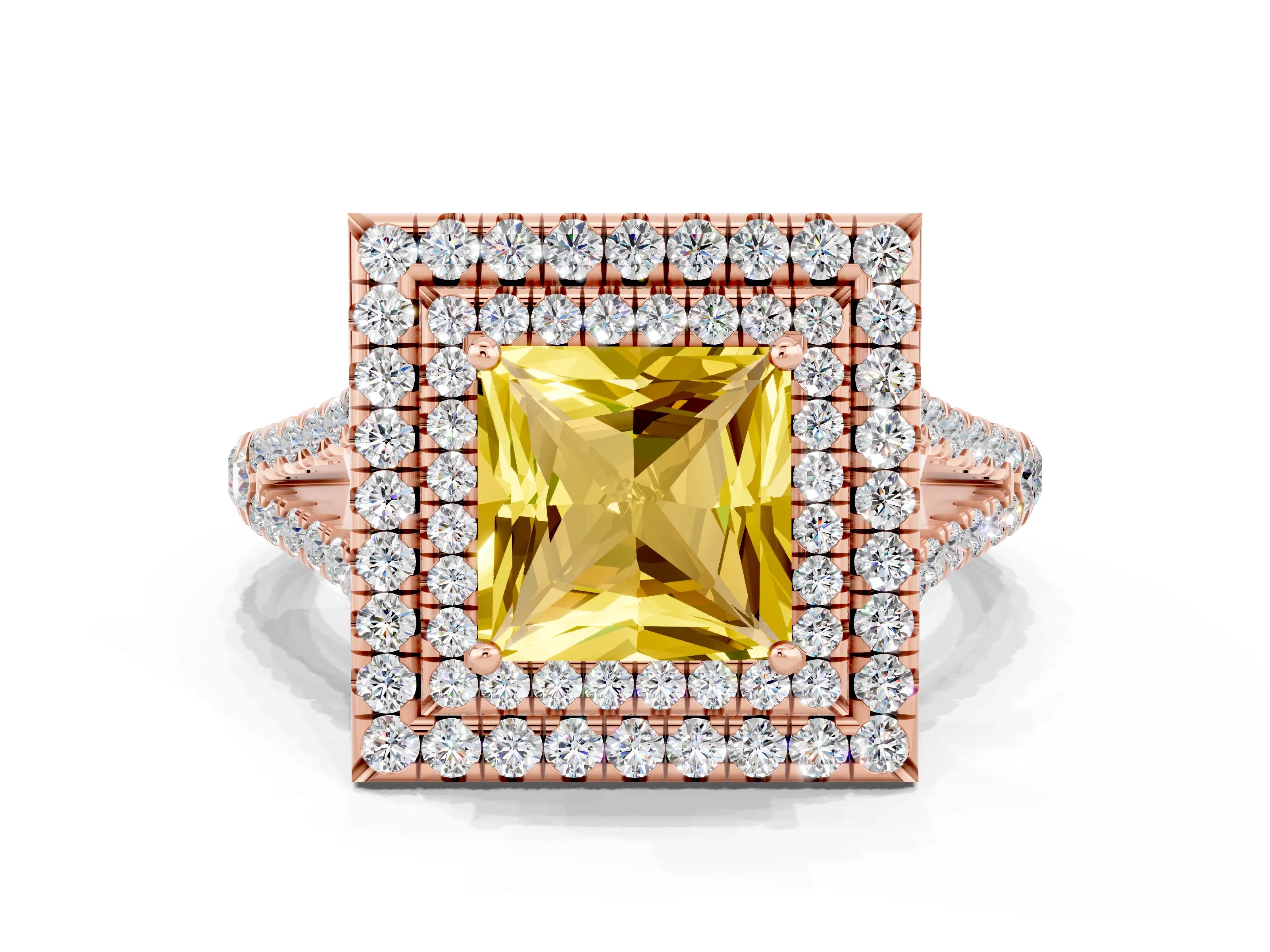 Rose gold Princess Cut Yellow Sapphire Double Halo Ring with Pavé Band and Prong Setting_12
