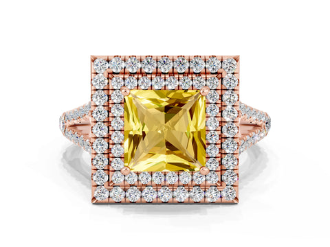 Rose gold Princess Cut Yellow Sapphire Double Halo Ring with Pavé Band and Prong Setting_12