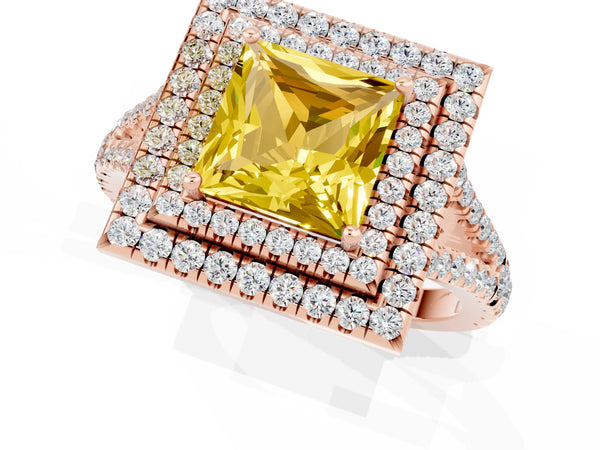 Rose gold Princess Cut Yellow Sapphire Double Halo Ring with Pavé Band and Prong Setting