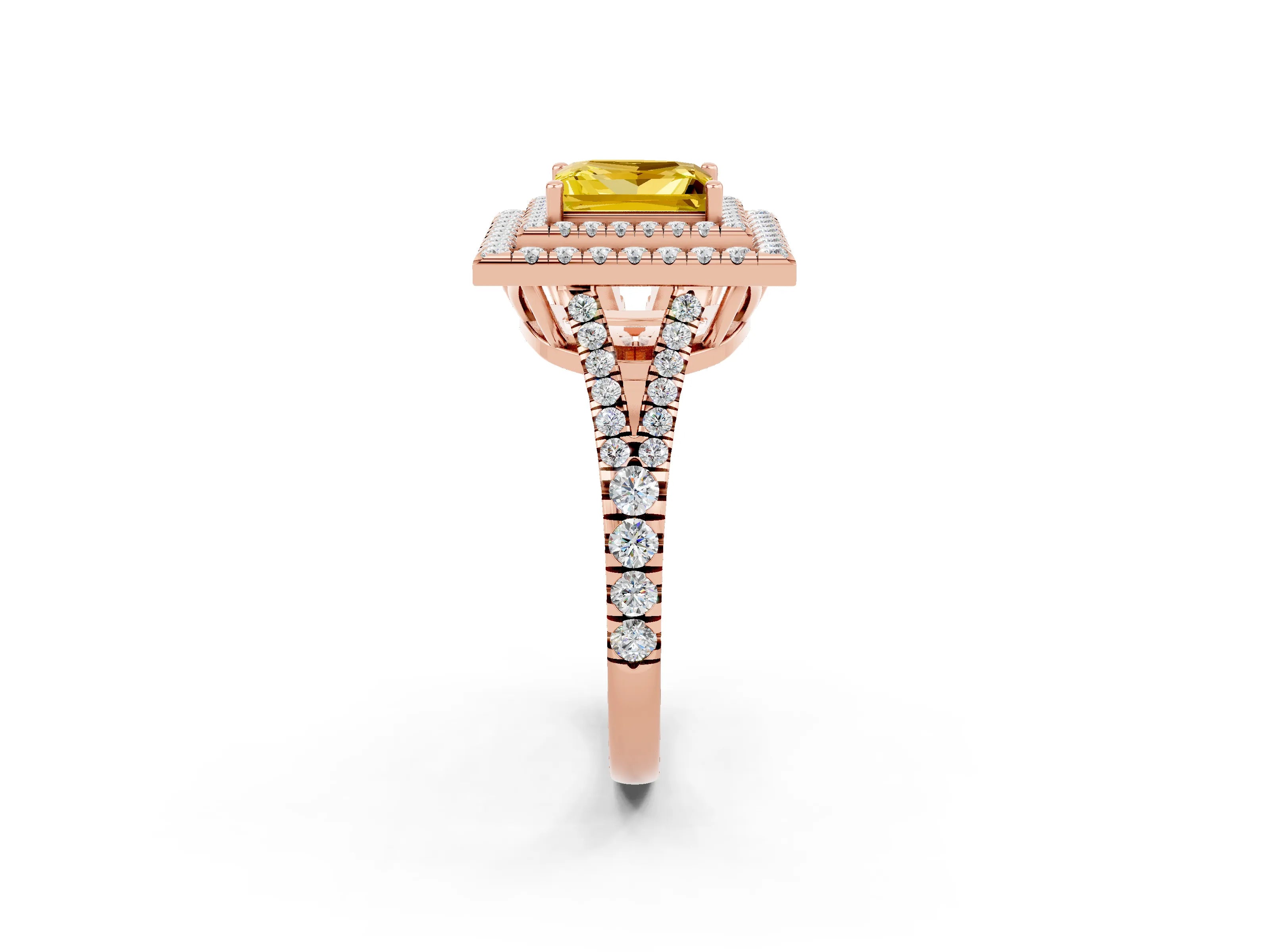 Rose gold Princess Cut Yellow Sapphire Double Halo Ring with Pavé Band and Prong Setting_14