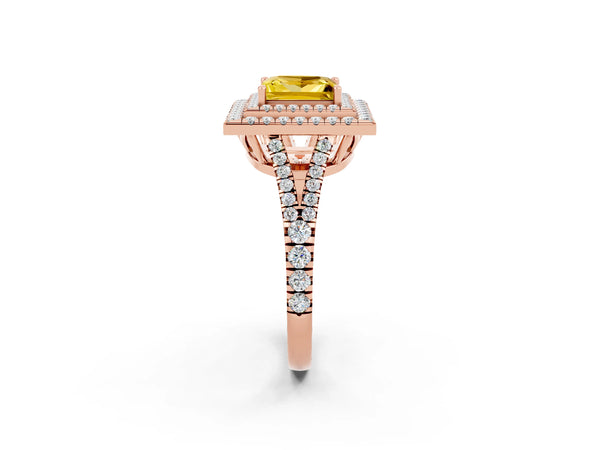 Rose gold Princess Cut Yellow Sapphire Double Halo Ring with Pavé Band and Prong Setting