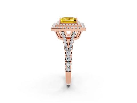 Rose gold Princess Cut Yellow Sapphire Double Halo Ring with Pavé Band and Prong Setting_14